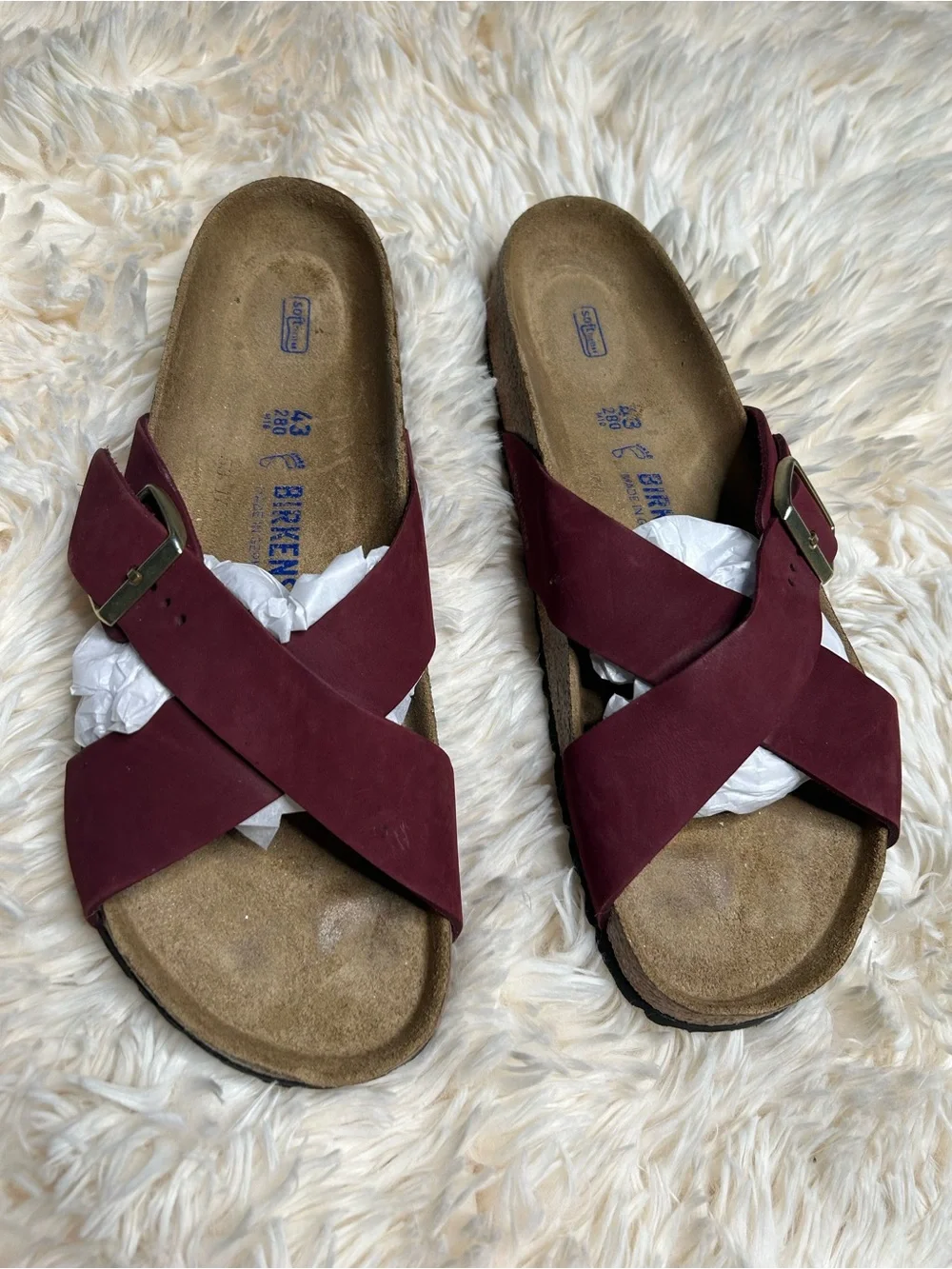 Birkenstock Women’s Burgundy Crossband Suede Footbed Sandals